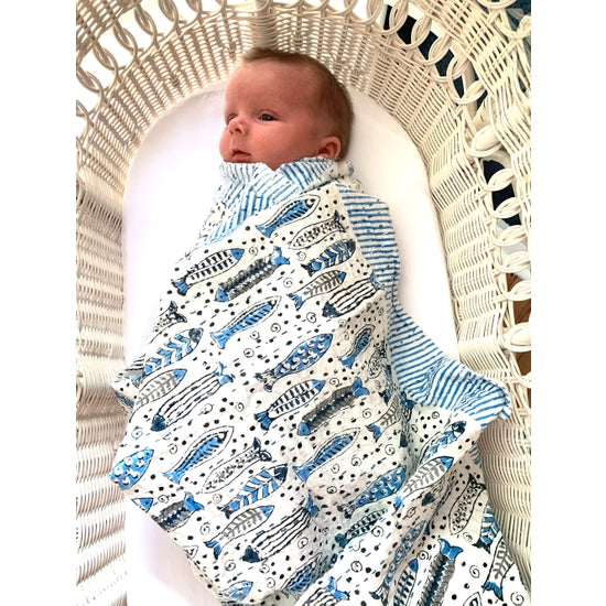 Block Printed Kantha Baby Quilt - Fish Print