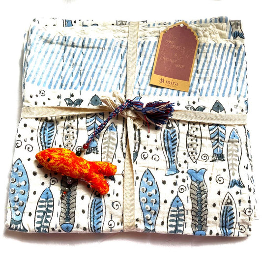 Block Printed Kantha Baby Quilt - Fish Print