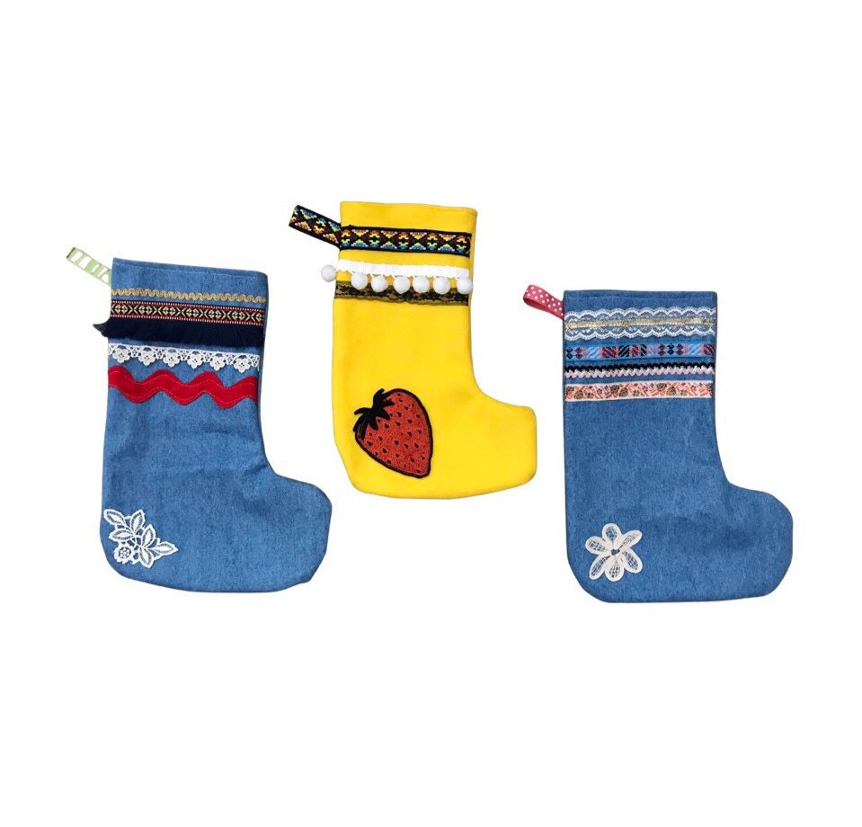 Holiday Stocking, Denim and Rainbow Boho Stocking