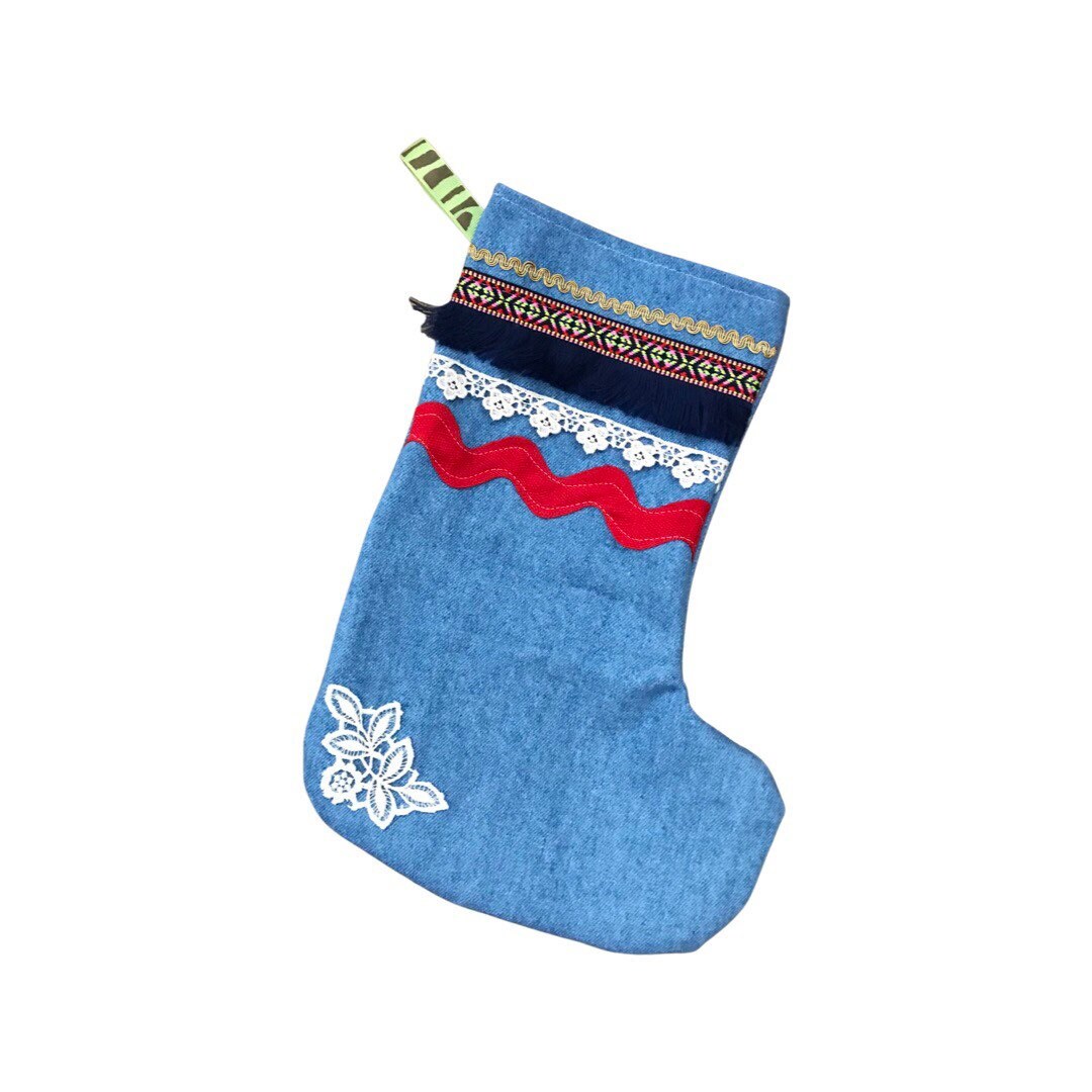 Holiday Stocking, Denim, Fringe and Lace Boho Stocking