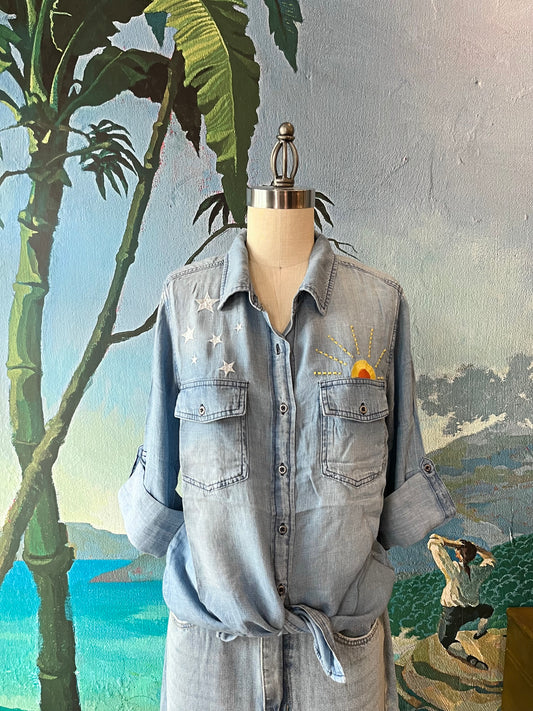 Hello Sunshine Embroidered Denim Shirt