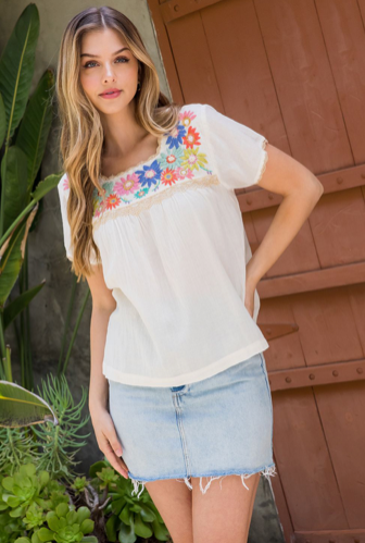Ivory Embroidered Flower Peasant Top