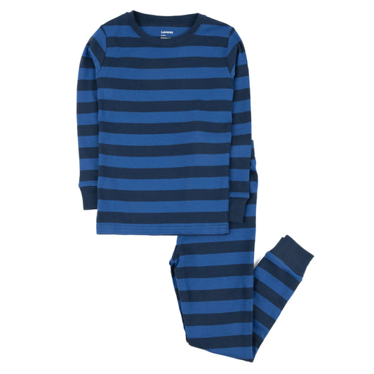 Kids Two Piece Cotton Pajamas - Blue & Navy Stripes